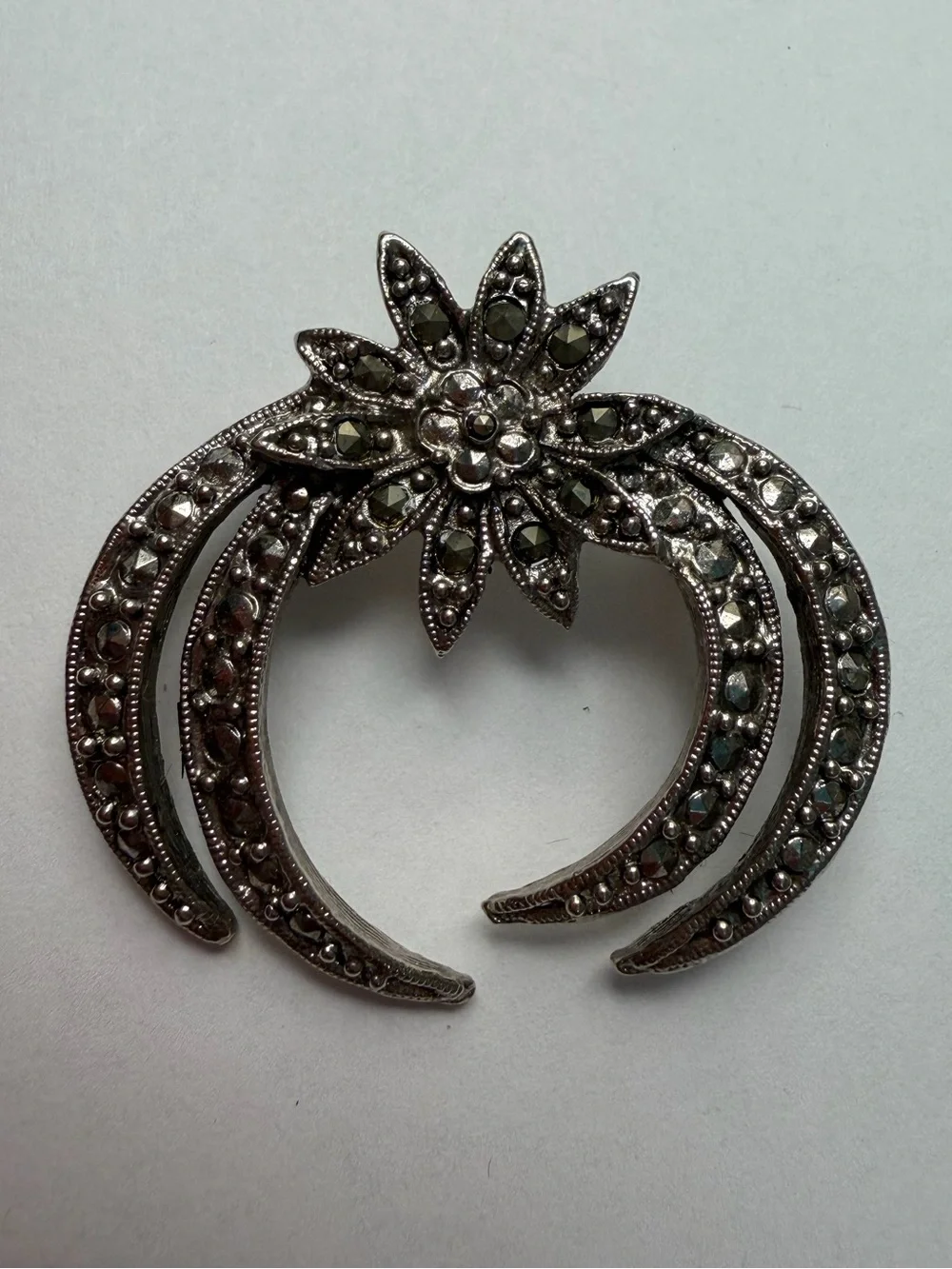 Art Deco 1990s Vintage Marcasite Ornate Crescent Brooch